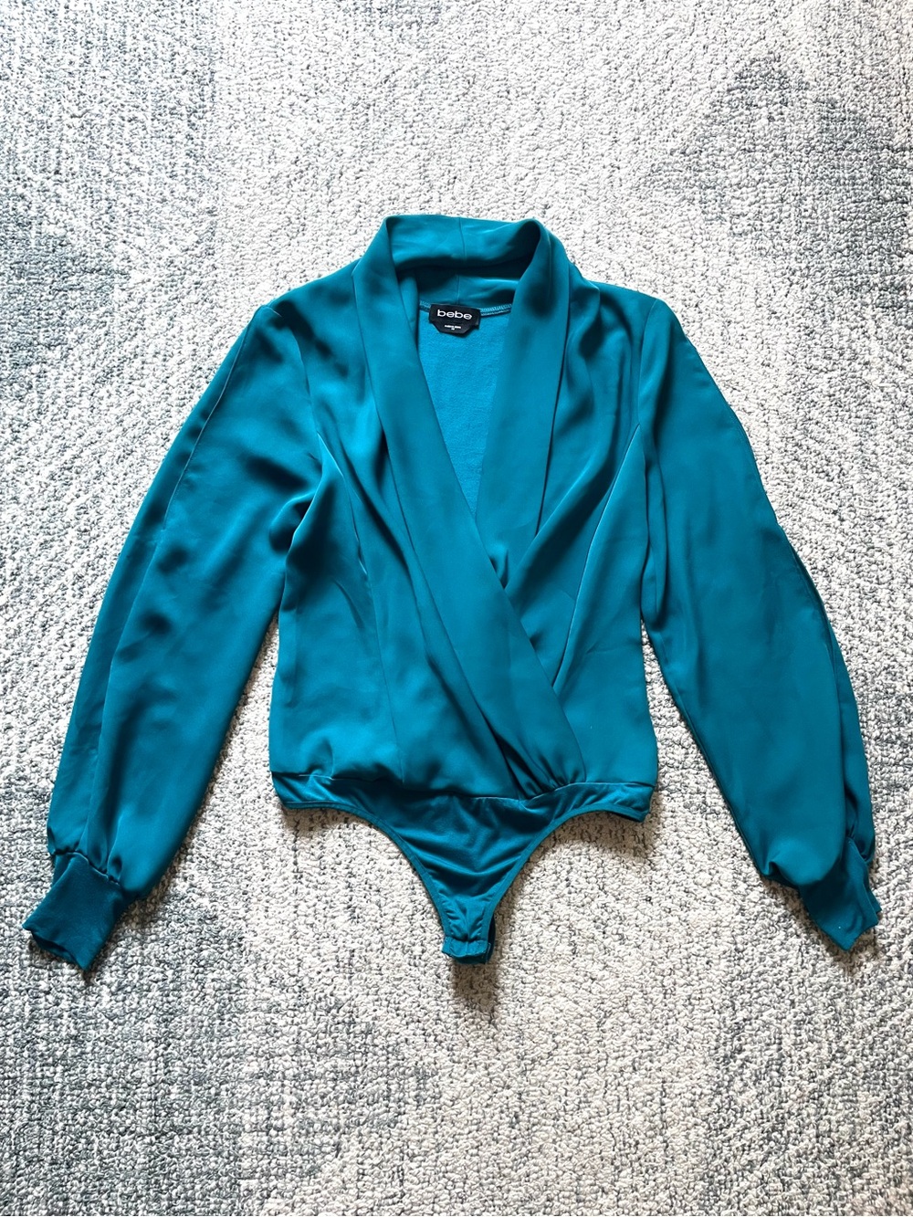 BEBE Teal Chiffon Bodysuit Split Sleeves Thong Cut Blouse